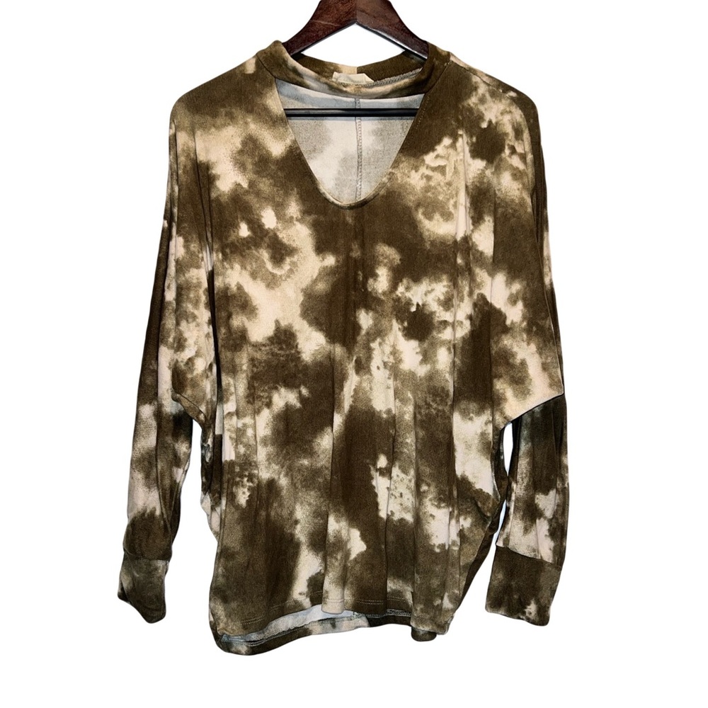 Tie Dye Batwing Blouse Womens Large Green Cream Keyhole Neck Long Sleeve Top